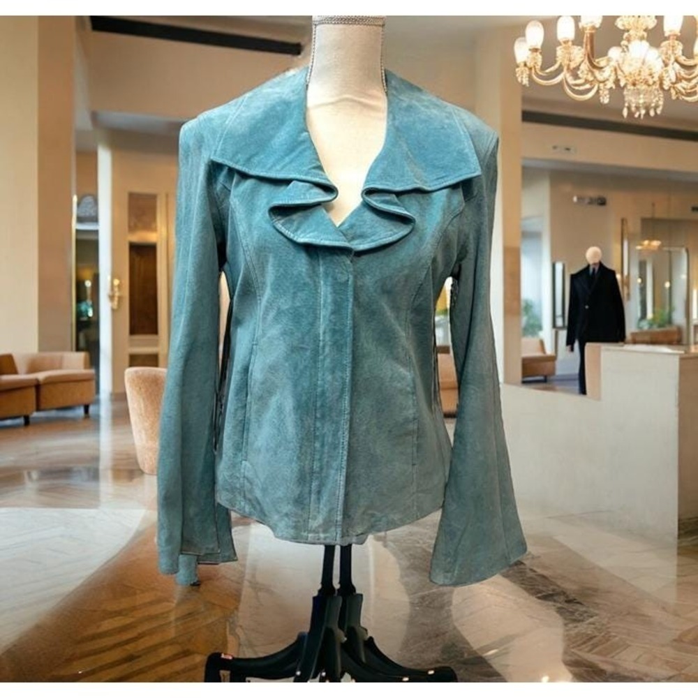 Terry Lewis Teal Suede Jacket NWT Ruffle Collar Boho Romantic Size Small